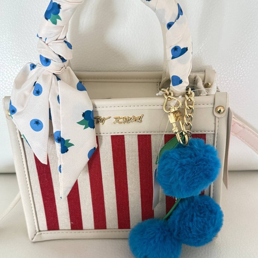 BETSEY JOHNSON XOLUCY SATCHEL CROSSBODY BAG W BLUEBERRY CHARM SCARF RED MULTI